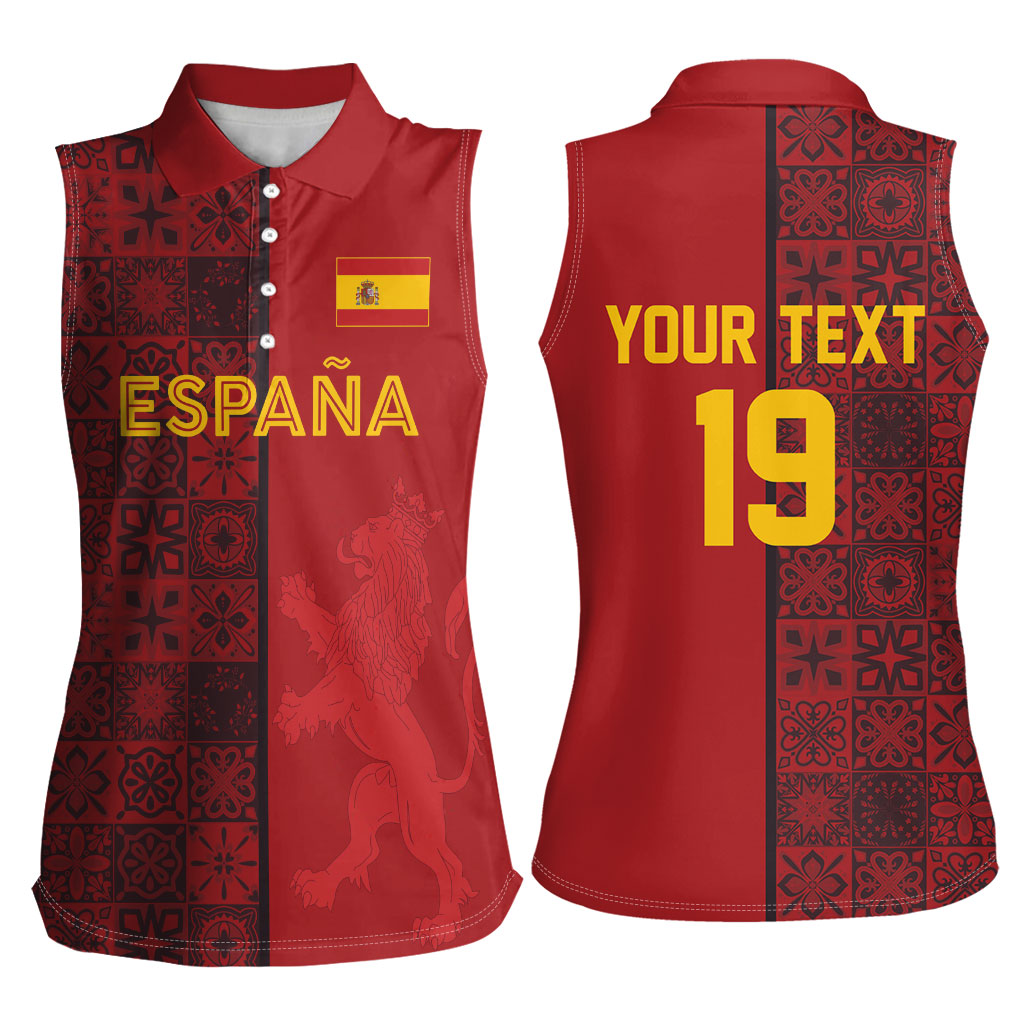 Custom World Football 2026 Spain Women Sleeveless Polo Shirt Spanish Lion Azulejo Pattern