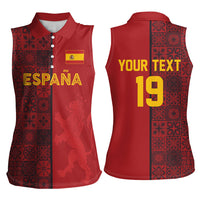 Custom World Football 2026 Spain Women Sleeveless Polo Shirt Spanish Lion Azulejo Pattern