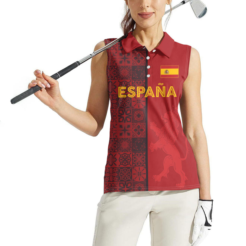 Custom World Football 2026 Spain Women Sleeveless Polo Shirt Spanish Lion Azulejo Pattern