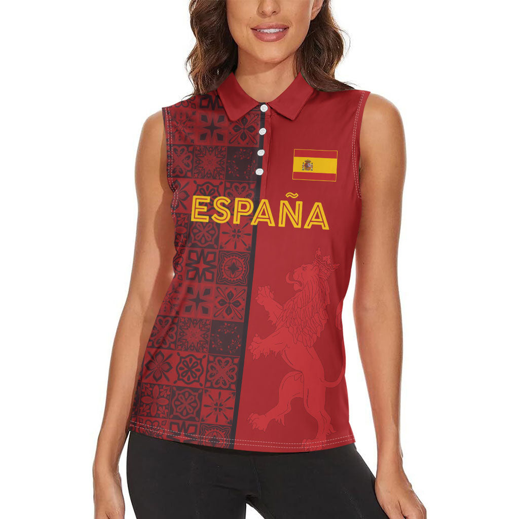 Custom World Football 2026 Spain Women Sleeveless Polo Shirt Spanish Lion Azulejo Pattern