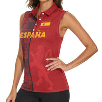 Custom World Football 2026 Spain Women Sleeveless Polo Shirt Spanish Lion Azulejo Pattern