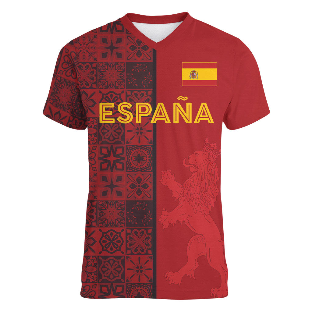 Custom World Football 2026 Spain Women V-Neck T-Shirt Spanish Lion Azulejo Pattern