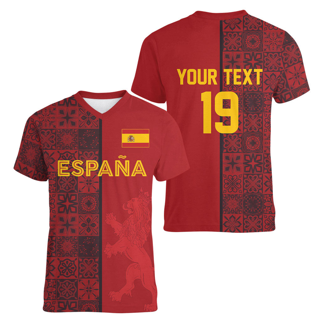 Custom World Football 2026 Spain Women V-Neck T-Shirt Spanish Lion Azulejo Pattern