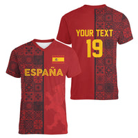 Custom World Football 2026 Spain Women V-Neck T-Shirt Spanish Lion Azulejo Pattern