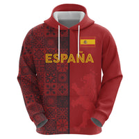 Custom World Football 2026 Spain Zip Hoodie Spanish Lion Azulejo Pattern
