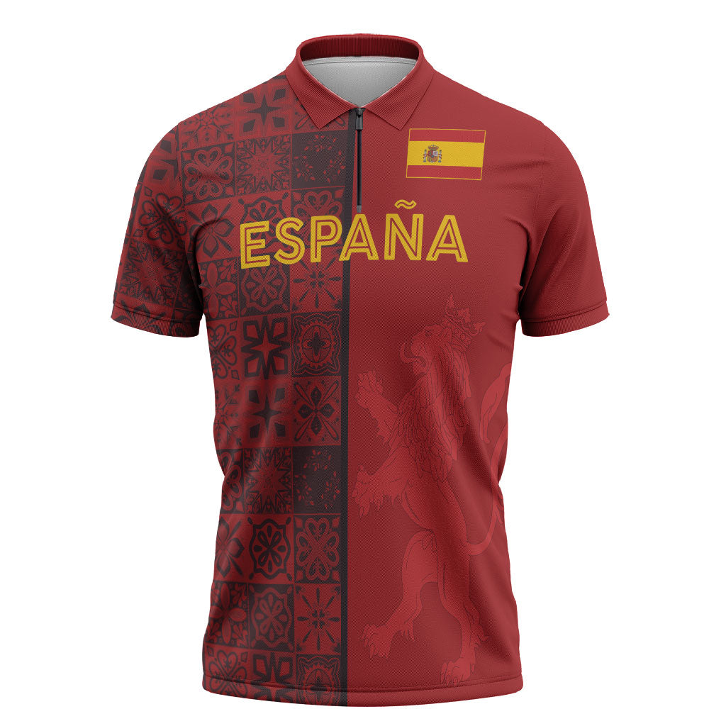 Custom World Football 2026 Spain Zipper Polo Shirt Spanish Lion Azulejo Pattern