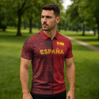 Custom World Football 2026 Spain Zipper Polo Shirt Spanish Lion Azulejo Pattern