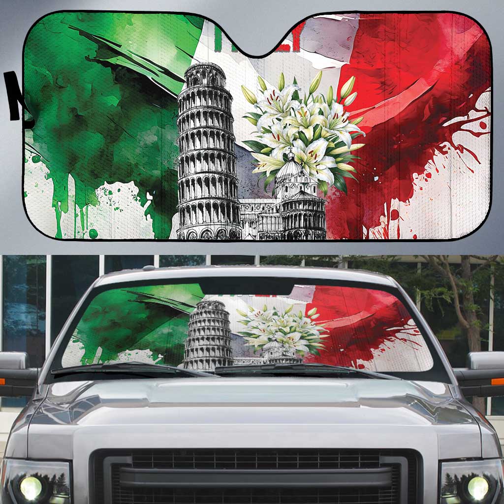 Italy Pisa Tower Auto Sun Shade White Lily With Flag Style - Wonder Print Shop