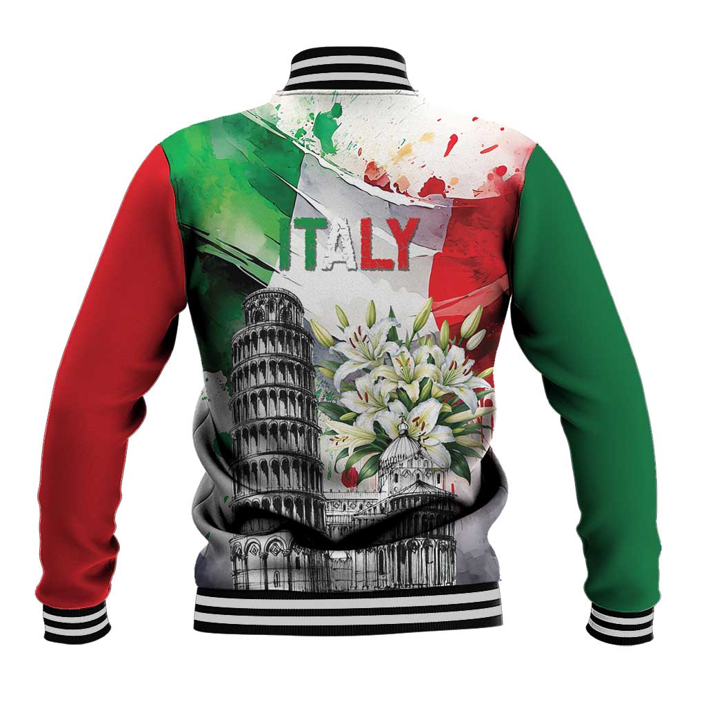 Italy Pisa Tower Baseball Jacket White Lily With Flag Style - Wonder Print Shop