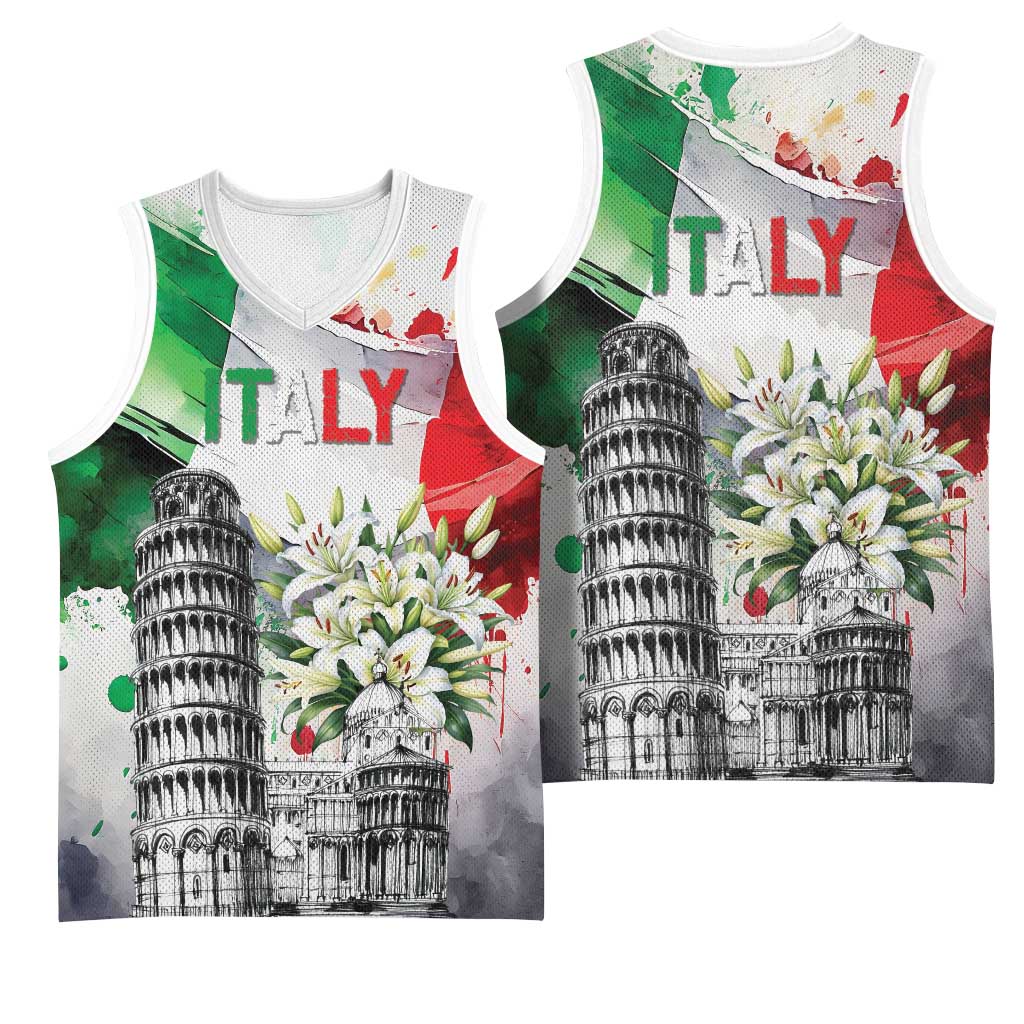 Italy Pisa Tower Basketball Jersey White Lily With Flag Style - Wonder Print Shop