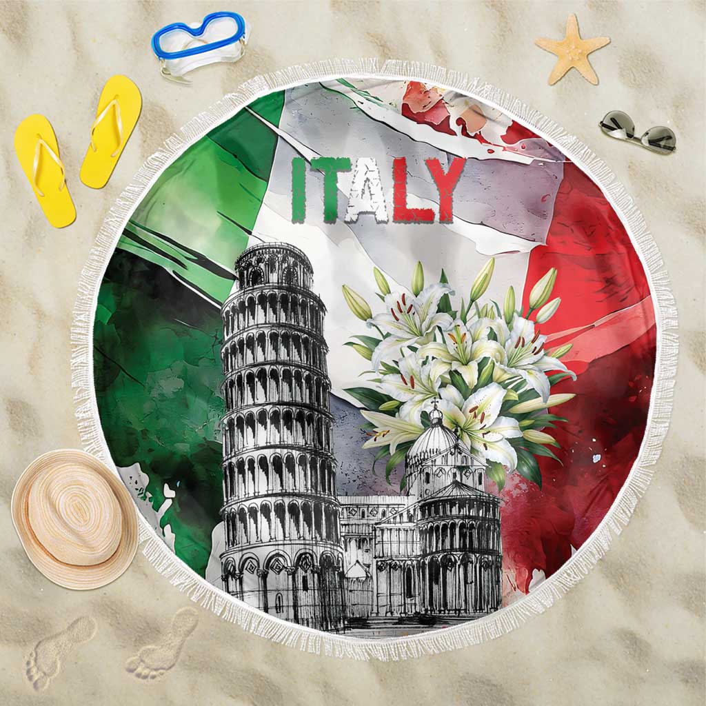Italy Pisa Tower Beach Blanket White Lily With Flag Style - Wonder Print Shop