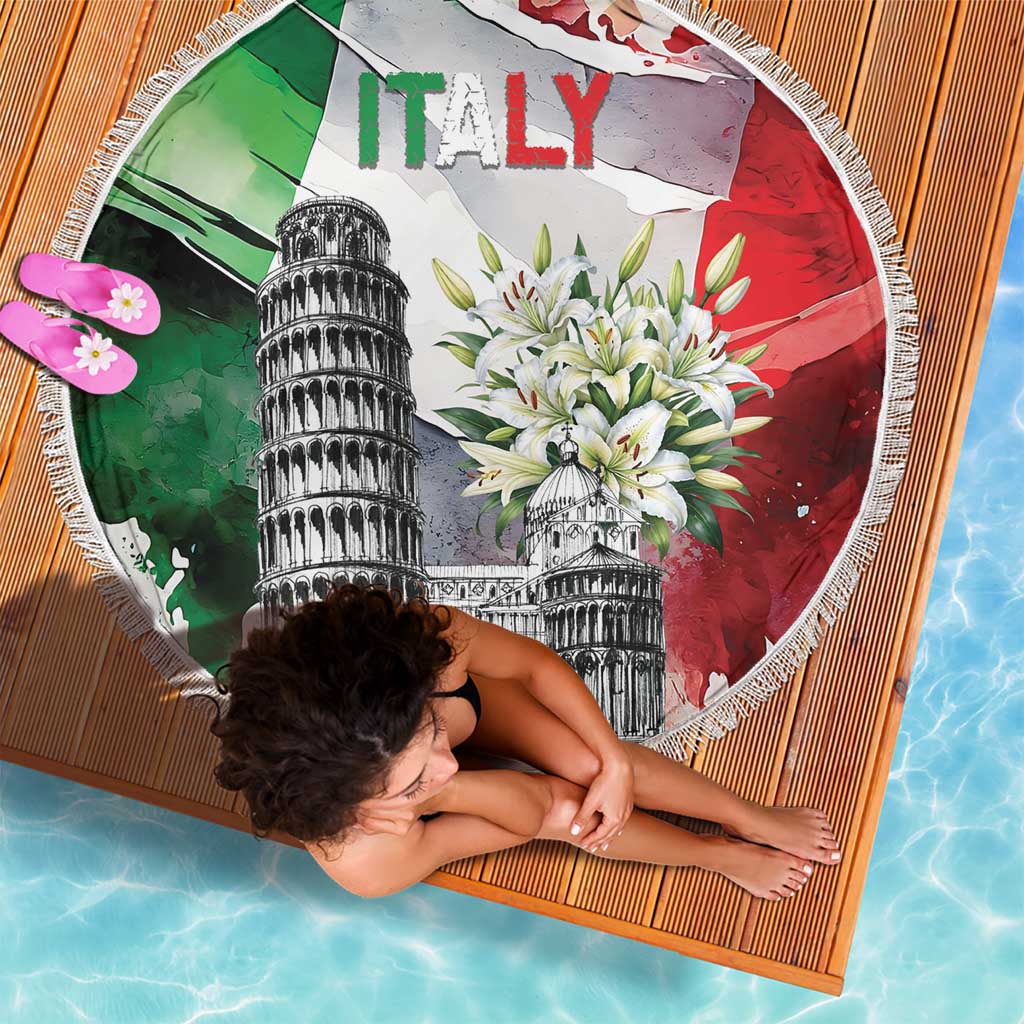 Italy Pisa Tower Beach Blanket White Lily With Flag Style - Wonder Print Shop