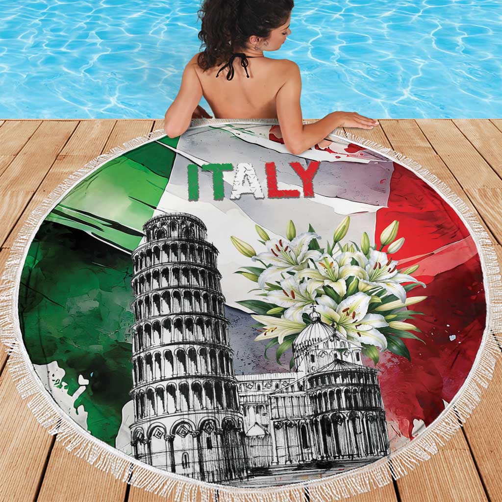 Italy Pisa Tower Beach Blanket White Lily With Flag Style - Wonder Print Shop