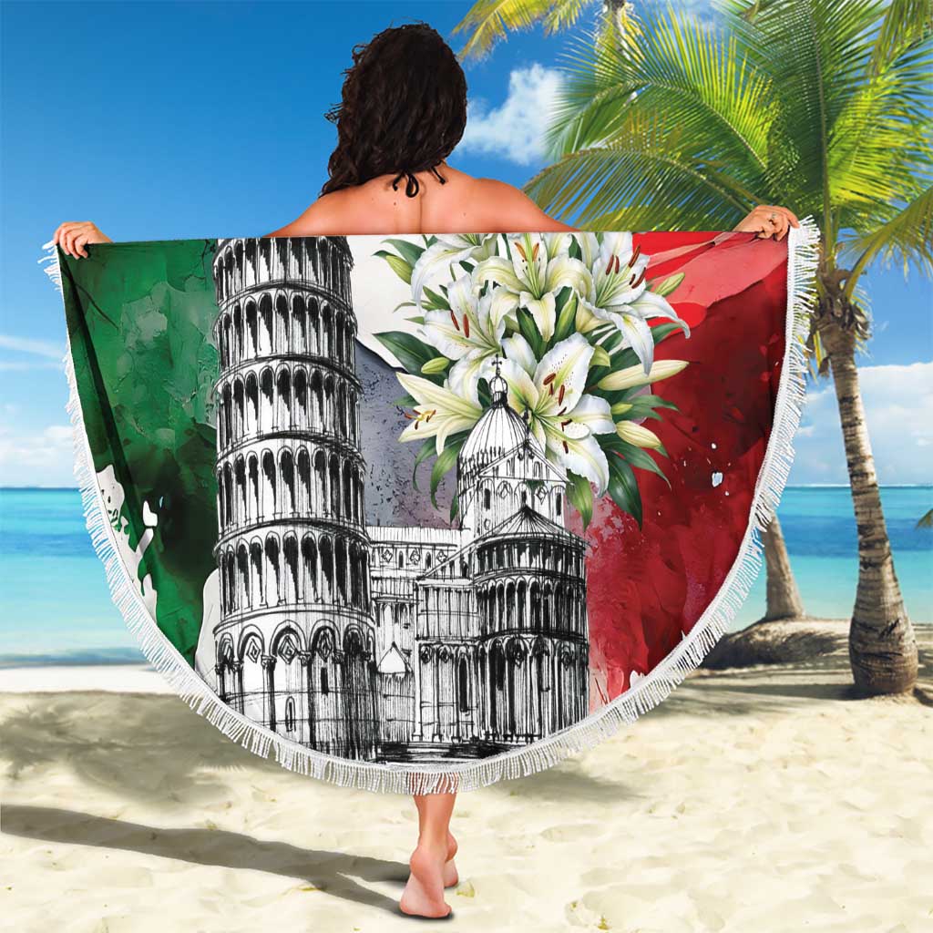 Italy Pisa Tower Beach Blanket White Lily With Flag Style - Wonder Print Shop