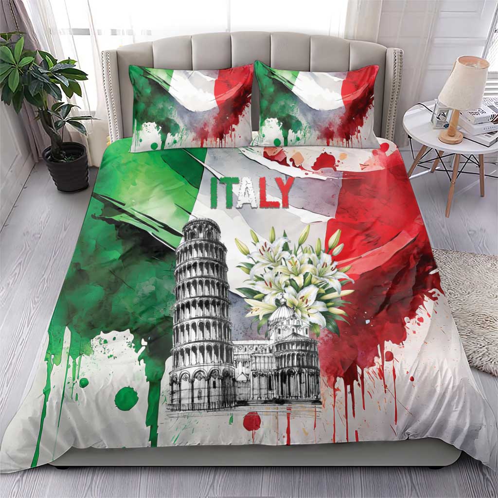 Italy Pisa Tower Bedding Set White Lily With Flag Style - Wonder Print Shop