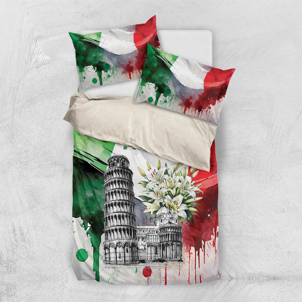 Italy Pisa Tower Bedding Set White Lily With Flag Style - Wonder Print Shop