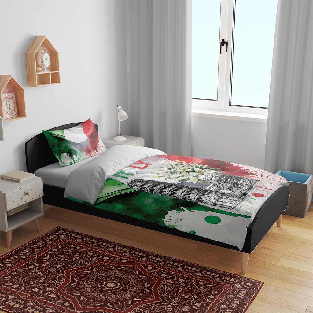 Italy Pisa Tower Bedding Set White Lily With Flag Style - Wonder Print Shop