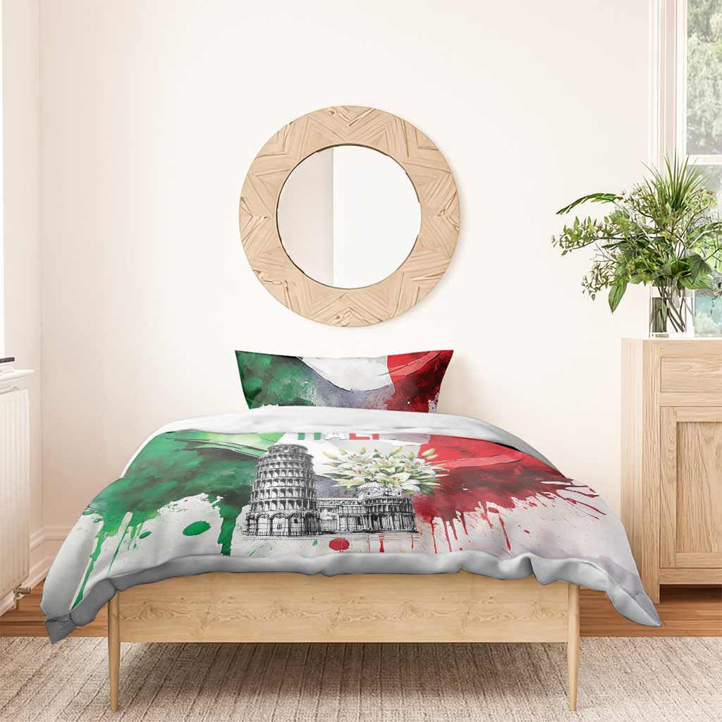 Italy Pisa Tower Bedding Set White Lily With Flag Style - Wonder Print Shop