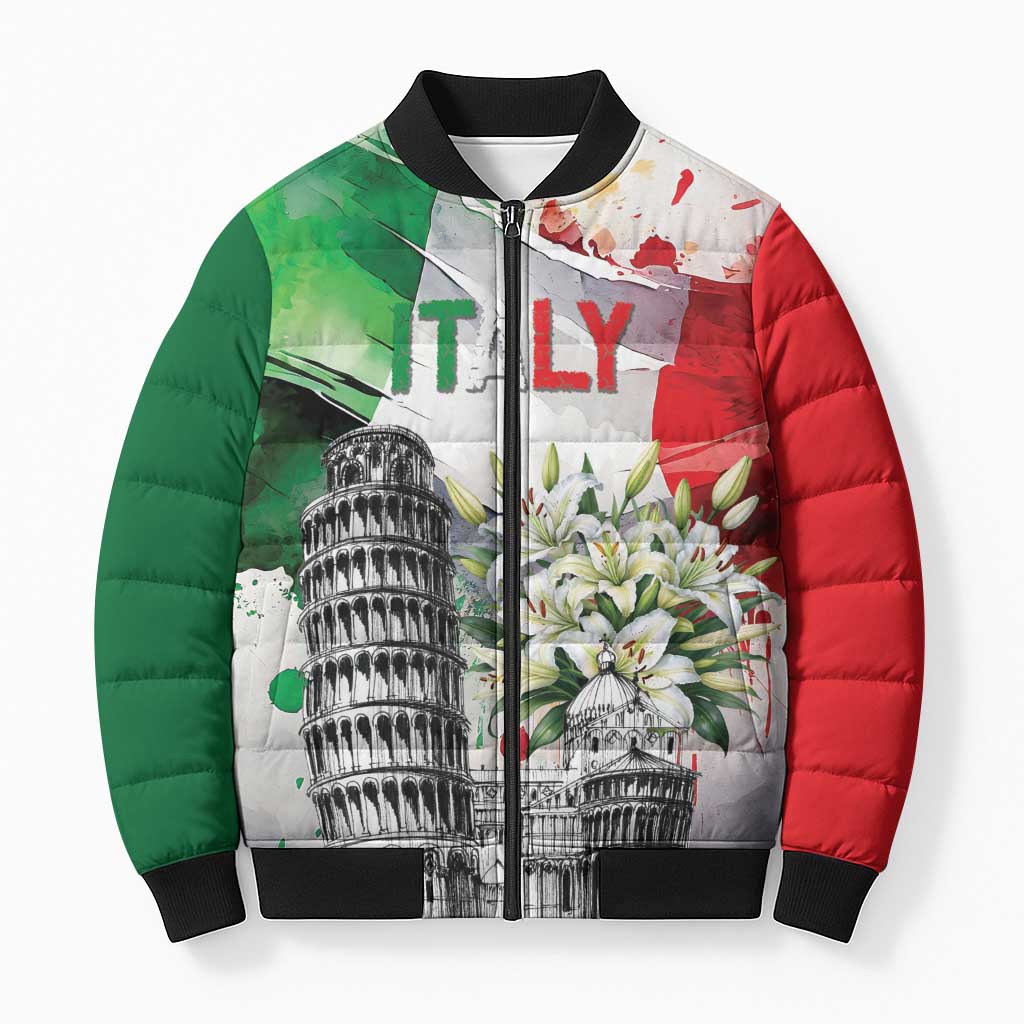 Italy Pisa Tower Bomber Puffer Jacket White Lily With Flag Style - Wonder Print Shop