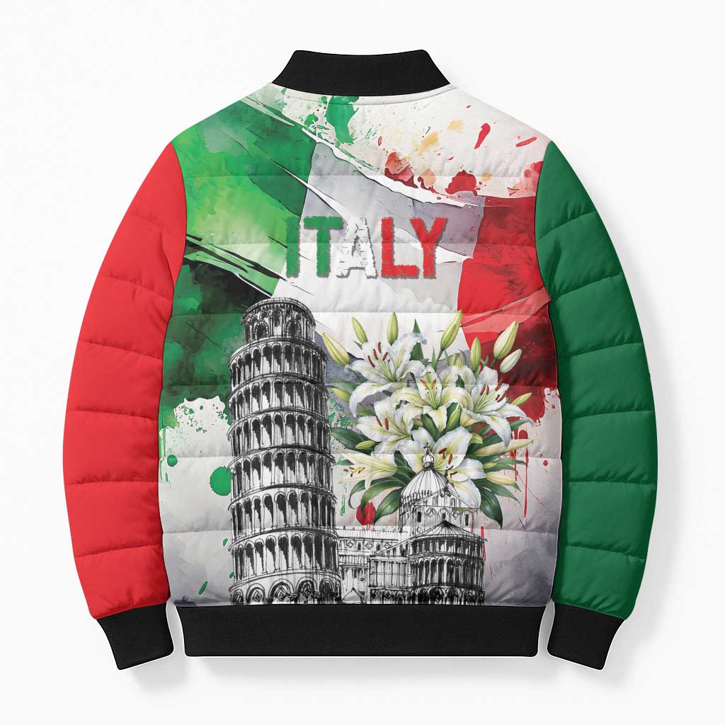 Italy Pisa Tower Bomber Puffer Jacket White Lily With Flag Style - Wonder Print Shop