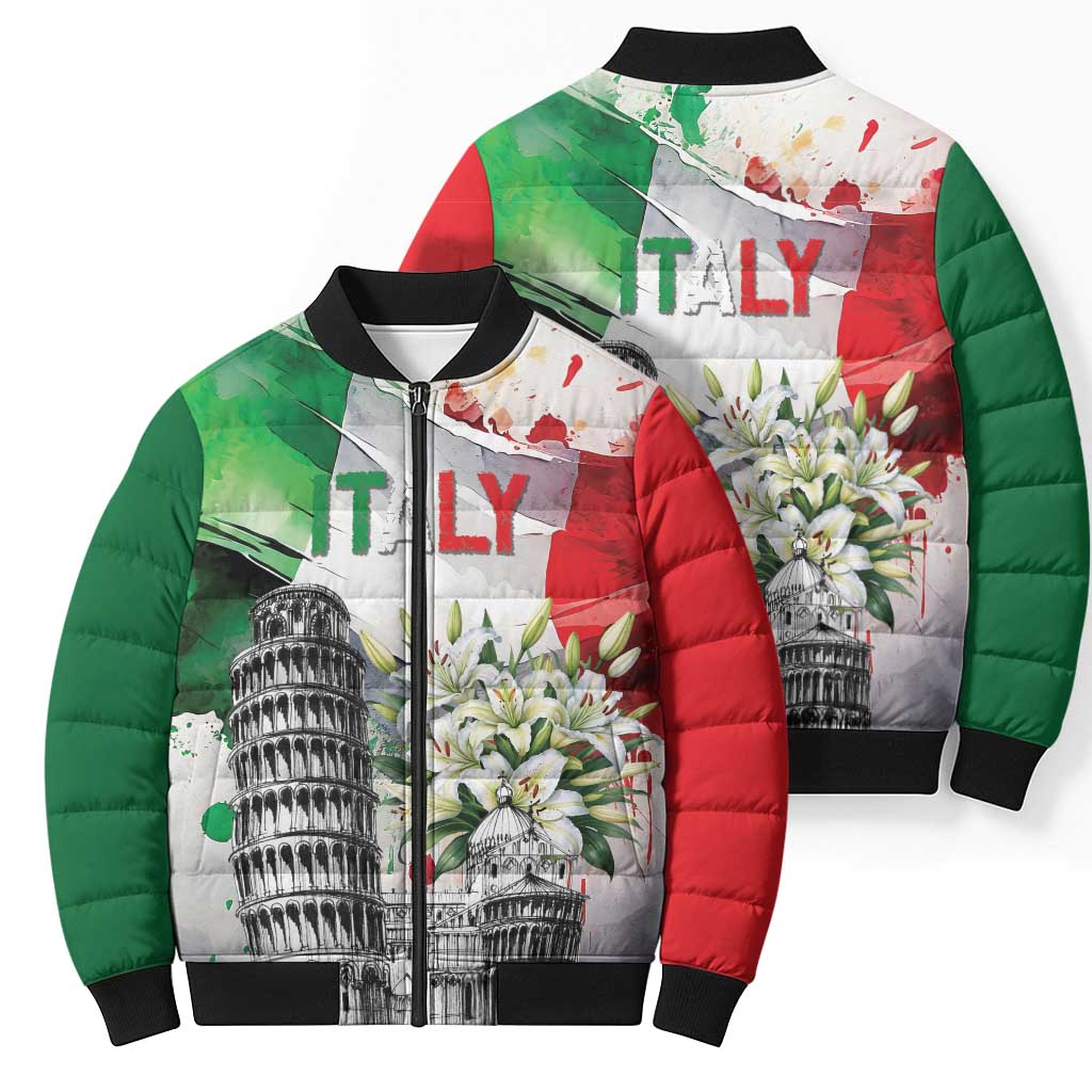 Italy Pisa Tower Bomber Puffer Jacket White Lily With Flag Style - Wonder Print Shop