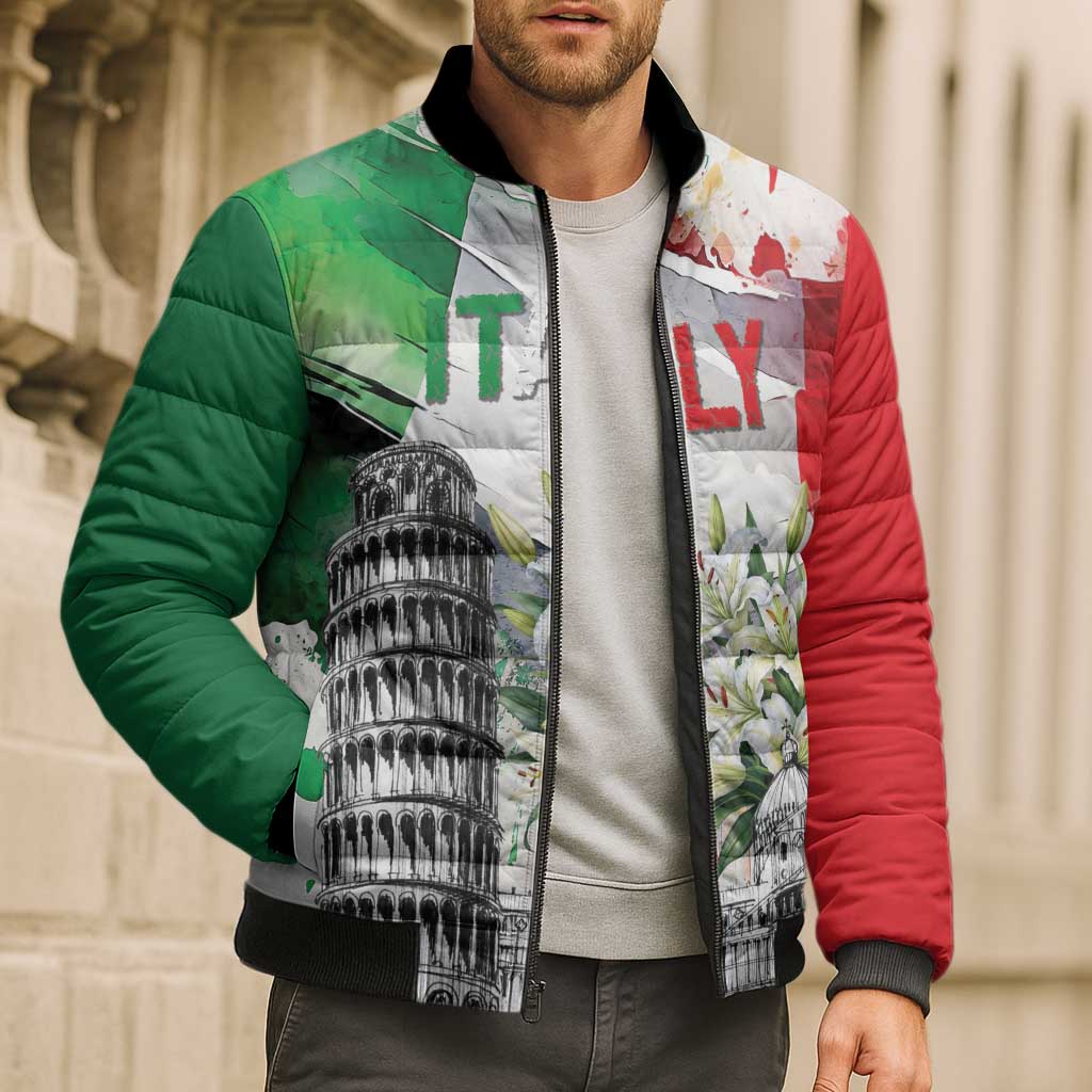 Italy Pisa Tower Bomber Puffer Jacket White Lily With Flag Style - Wonder Print Shop