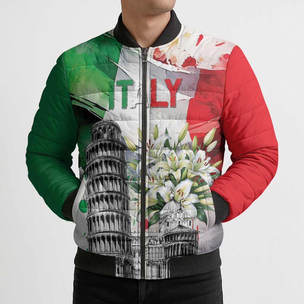 Italy Pisa Tower Bomber Puffer Jacket White Lily With Flag Style - Wonder Print Shop