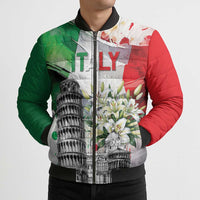 Italy Pisa Tower Bomber Puffer Jacket White Lily With Flag Style - Wonder Print Shop
