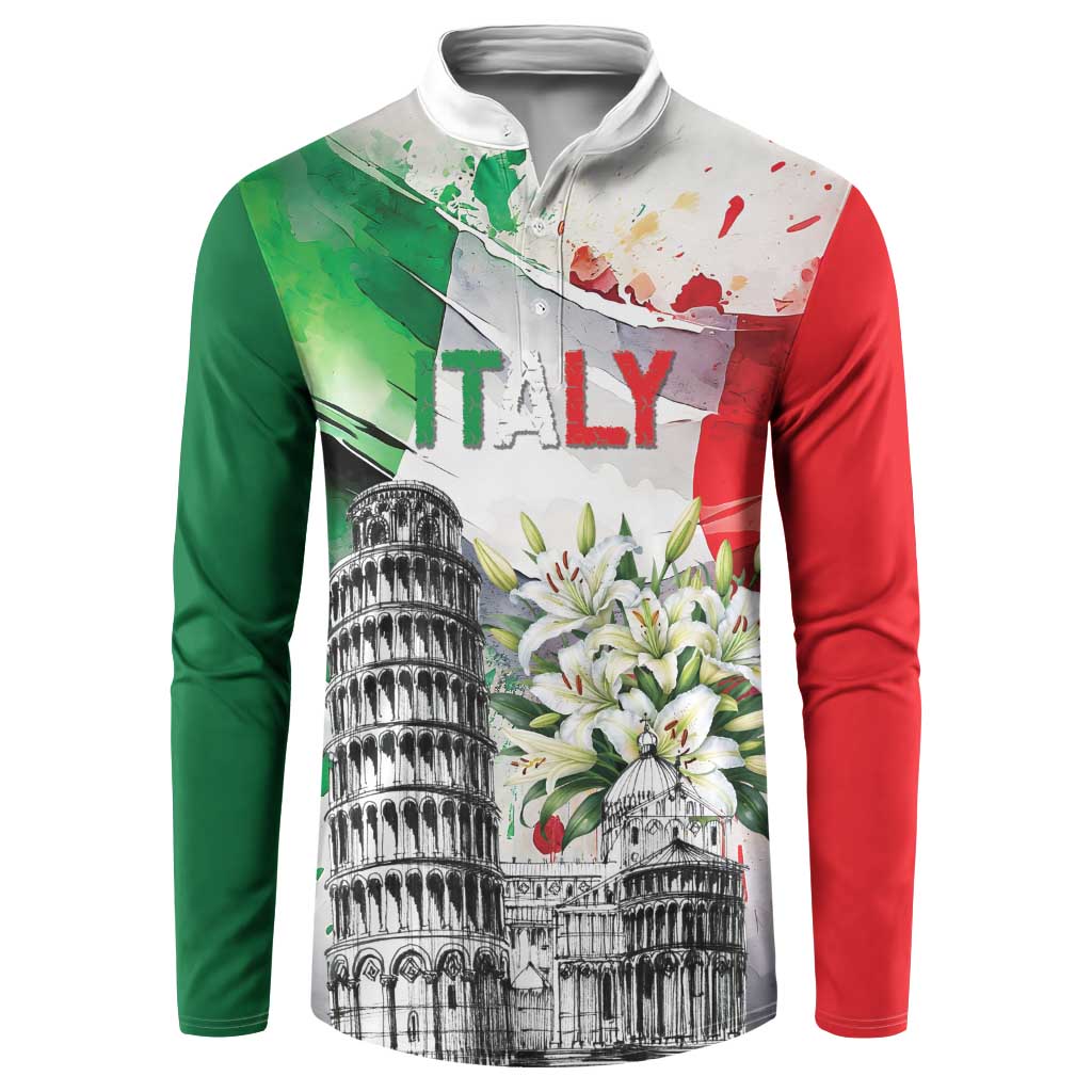 Italy Pisa Tower Button Sweatshirt White Lily With Flag Style - Wonder Print Shop