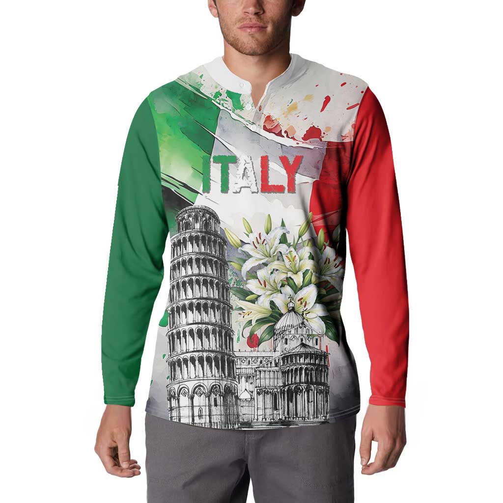 Italy Pisa Tower Button Sweatshirt White Lily With Flag Style - Wonder Print Shop