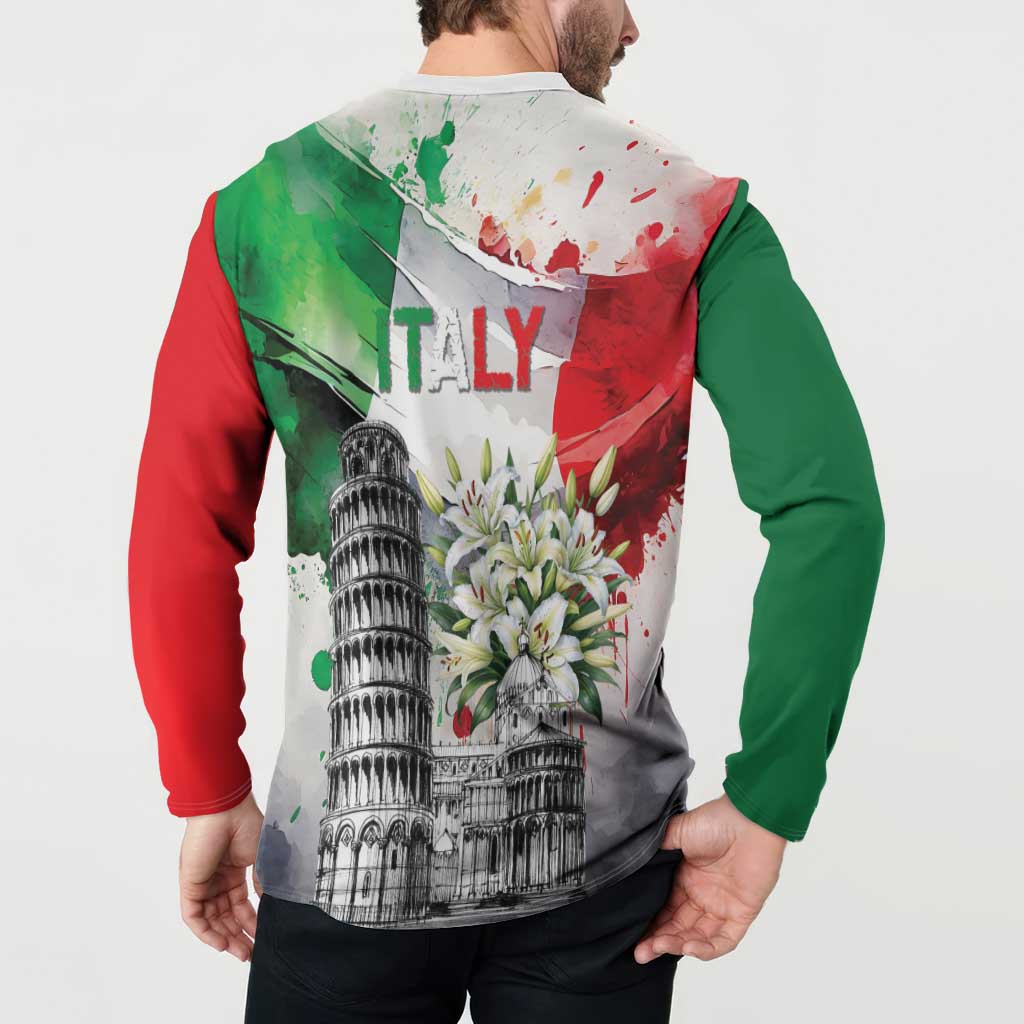Italy Pisa Tower Button Sweatshirt White Lily With Flag Style - Wonder Print Shop