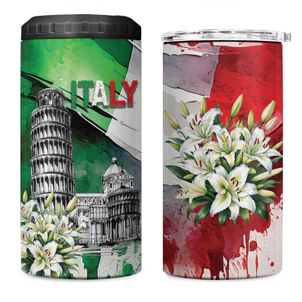 Italy Pisa Tower 4 in 1 Can Cooler Tumbler White Lily With Flag Style - Wonder Print Shop