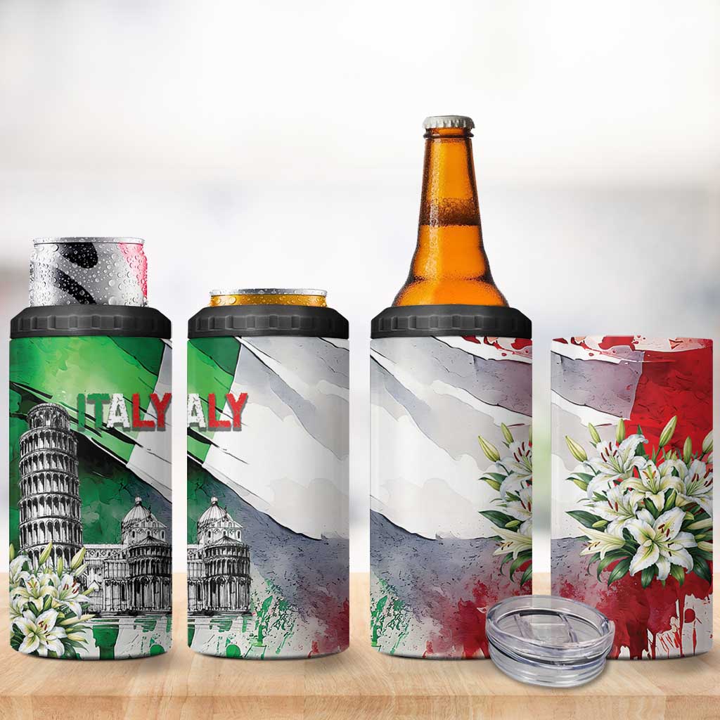 Italy Pisa Tower 4 in 1 Can Cooler Tumbler White Lily With Flag Style - Wonder Print Shop