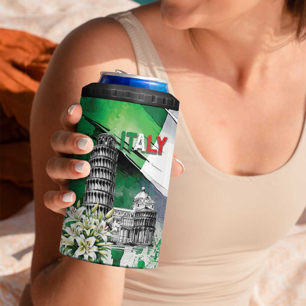Italy Pisa Tower 4 in 1 Can Cooler Tumbler White Lily With Flag Style - Wonder Print Shop