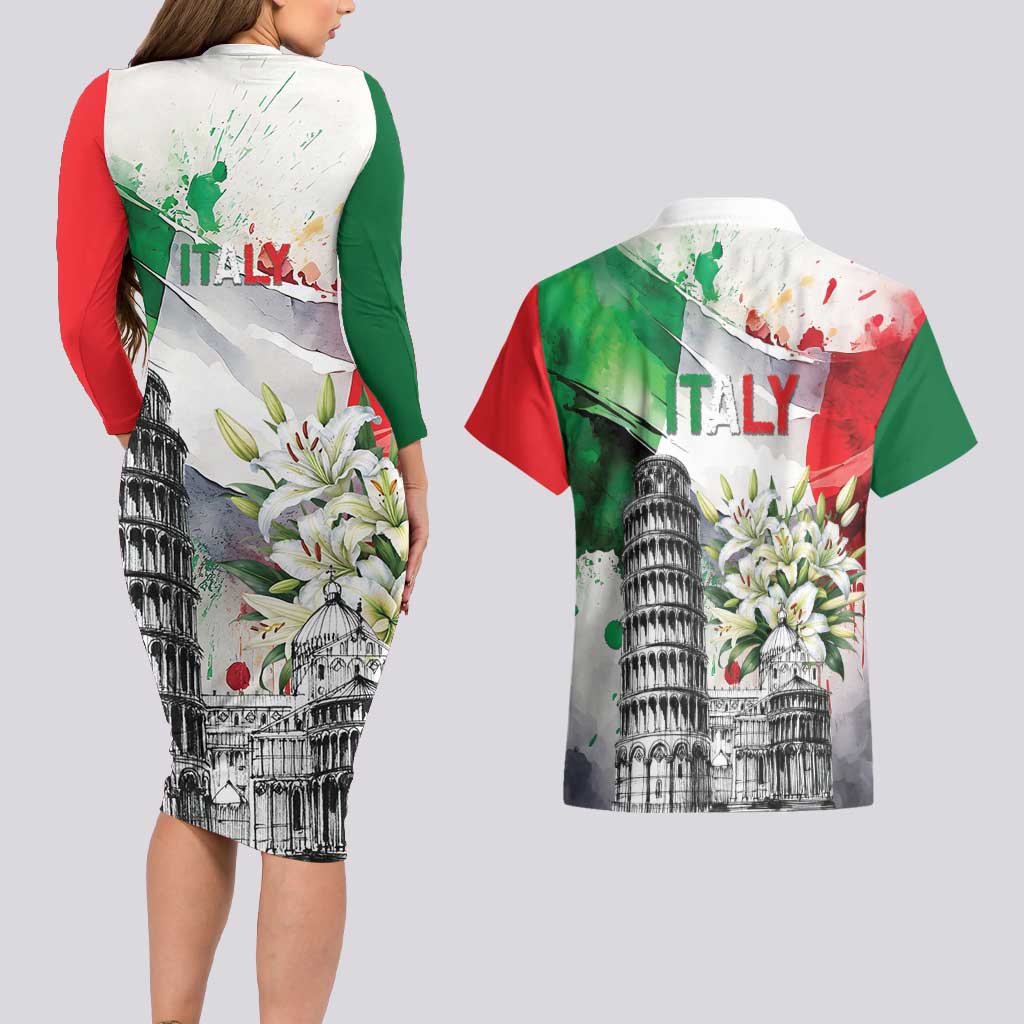 Italy Pisa Tower Couples Matching Long Sleeve Bodycon Dress and Hawaiian Shirt White Lily With Flag Style - Wonder Print Shop