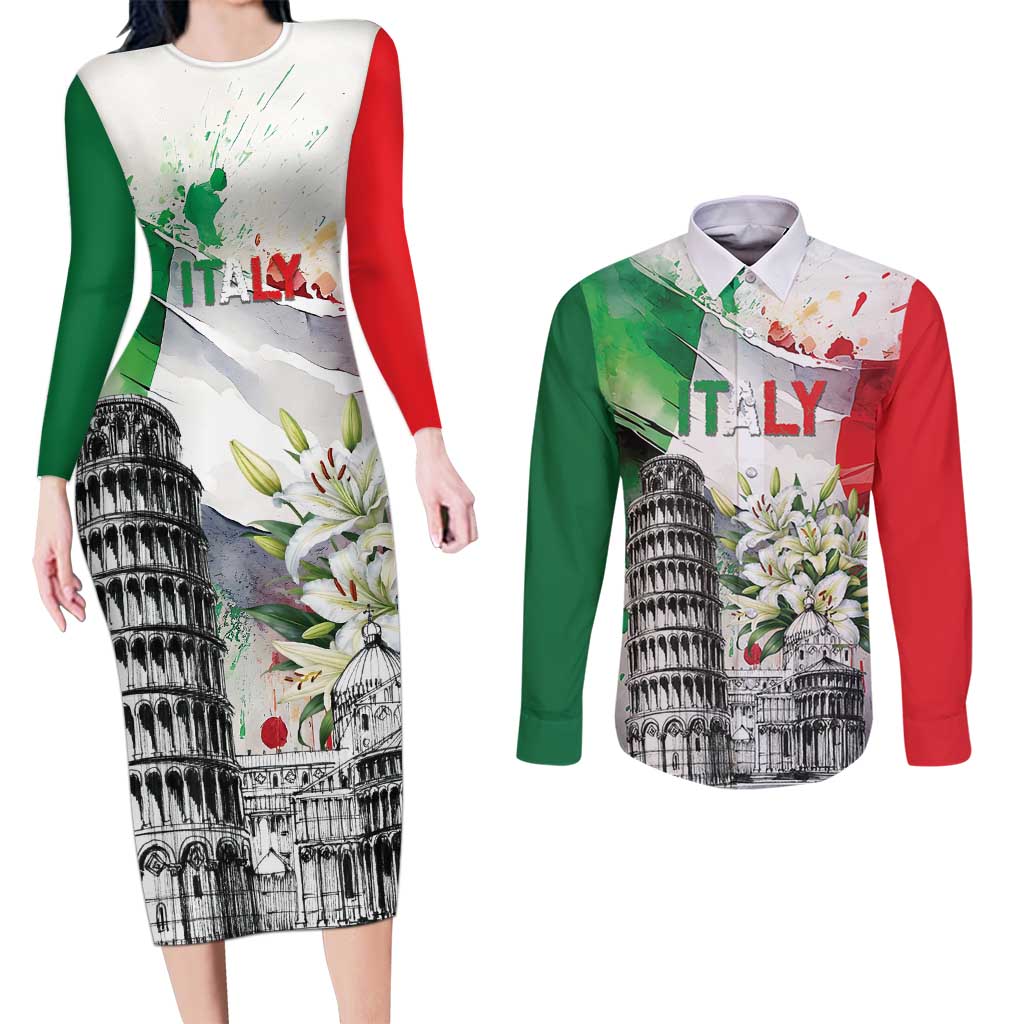 Italy Pisa Tower Couples Matching Long Sleeve Bodycon Dress and Long Sleeve Button Shirt White Lily With Flag Style - Wonder Print Shop