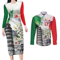 Italy Pisa Tower Couples Matching Long Sleeve Bodycon Dress and Long Sleeve Button Shirt White Lily With Flag Style - Wonder Print Shop