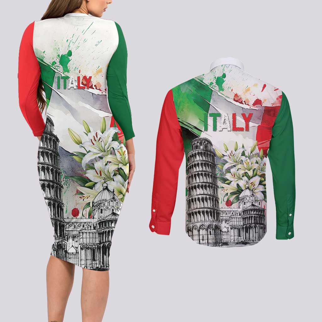 Italy Pisa Tower Couples Matching Long Sleeve Bodycon Dress and Long Sleeve Button Shirt White Lily With Flag Style - Wonder Print Shop