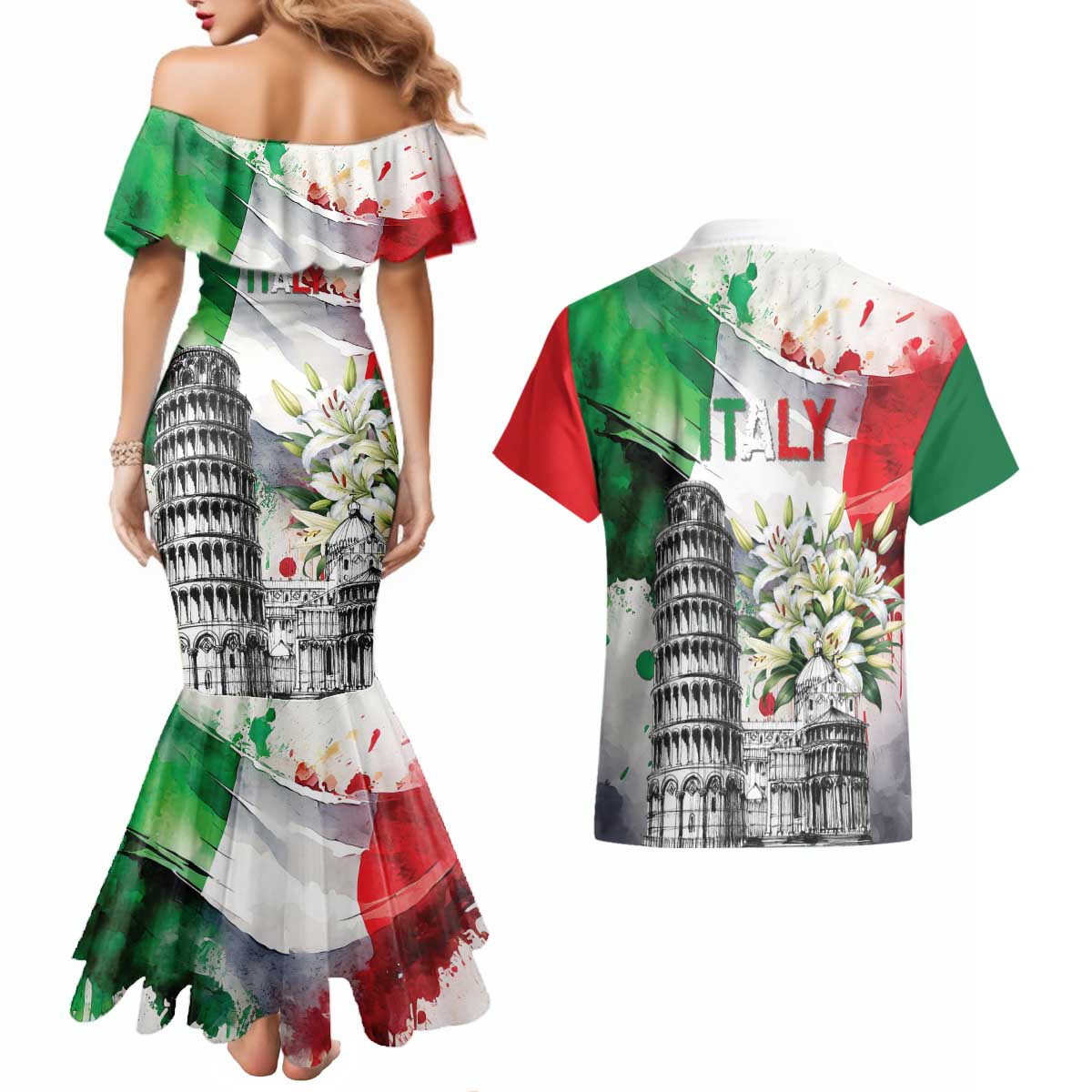 Italy Pisa Tower Couples Matching Mermaid Dress and Hawaiian Shirt White Lily With Flag Style - Wonder Print Shop