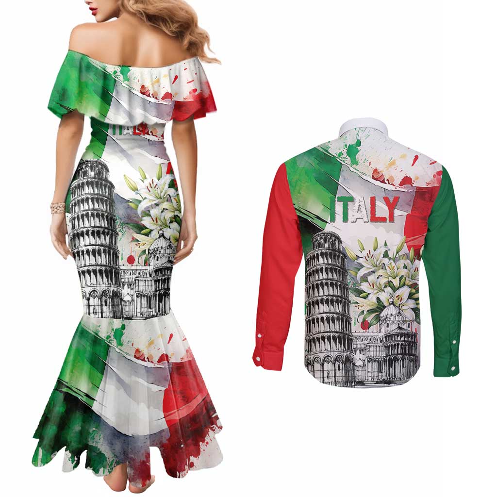 Italy Pisa Tower Couples Matching Mermaid Dress and Long Sleeve Button Shirt White Lily With Flag Style - Wonder Print Shop