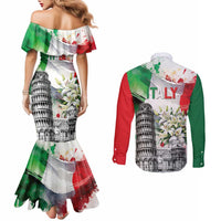 Italy Pisa Tower Couples Matching Mermaid Dress and Long Sleeve Button Shirt White Lily With Flag Style - Wonder Print Shop