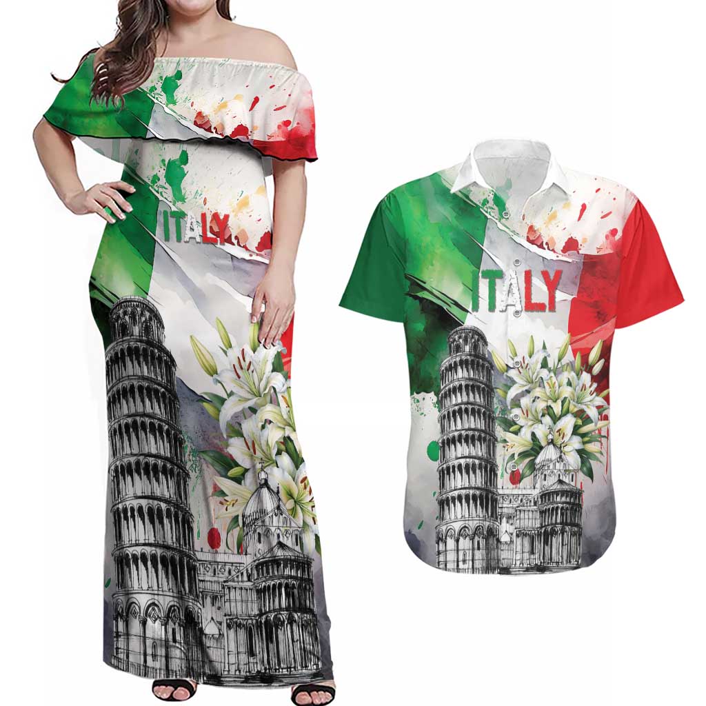 Italy Pisa Tower Couples Matching Off Shoulder Maxi Dress and Hawaiian Shirt White Lily With Flag Style - Wonder Print Shop