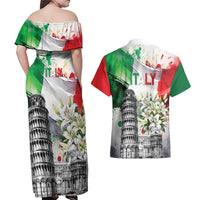 Italy Pisa Tower Couples Matching Off Shoulder Maxi Dress and Hawaiian Shirt White Lily With Flag Style - Wonder Print Shop