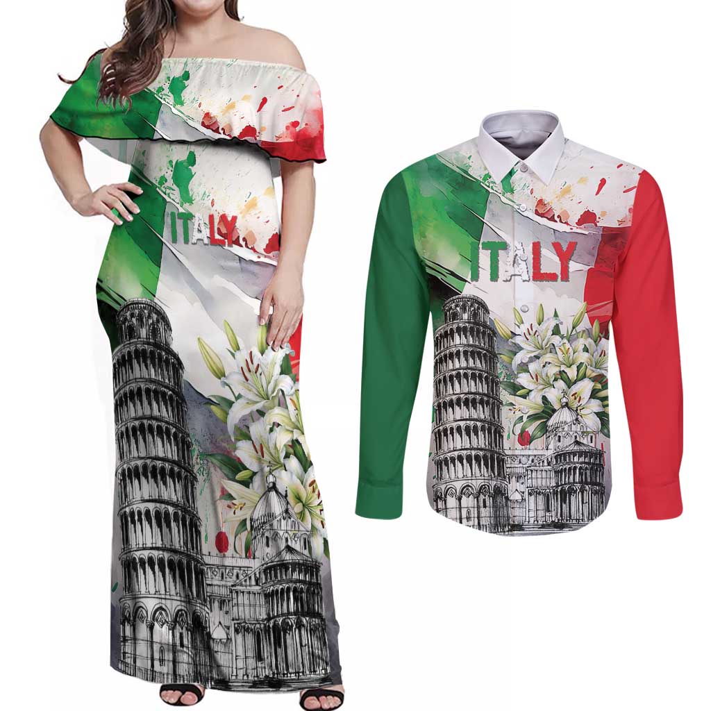 Italy Pisa Tower Couples Matching Off Shoulder Maxi Dress and Long Sleeve Button Shirt White Lily With Flag Style - Wonder Print Shop