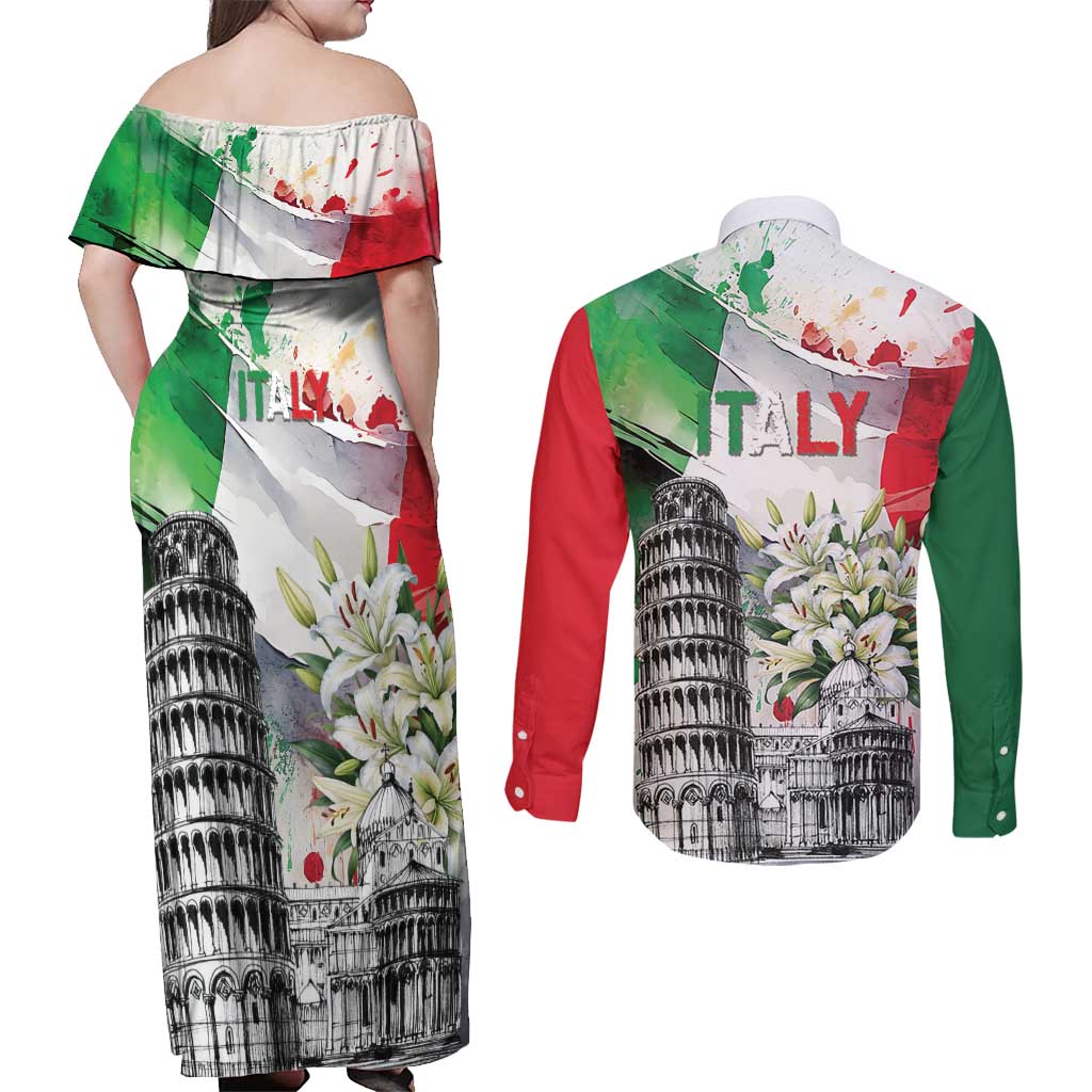 Italy Pisa Tower Couples Matching Off Shoulder Maxi Dress and Long Sleeve Button Shirt White Lily With Flag Style - Wonder Print Shop