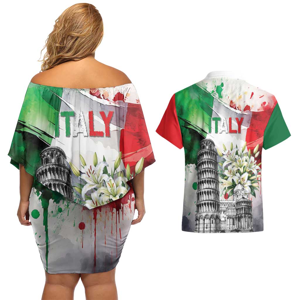 Italy Pisa Tower Couples Matching Off Shoulder Short Dress and Hawaiian Shirt White Lily With Flag Style - Wonder Print Shop
