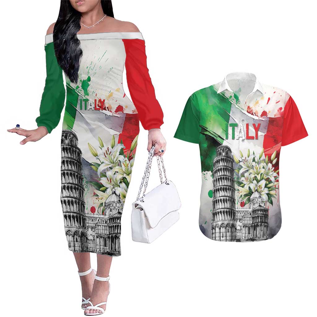 Italy Pisa Tower Couples Matching Off The Shoulder Long Sleeve Dress and Hawaiian Shirt White Lily With Flag Style - Wonder Print Shop