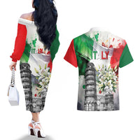 Italy Pisa Tower Couples Matching Off The Shoulder Long Sleeve Dress and Hawaiian Shirt White Lily With Flag Style - Wonder Print Shop