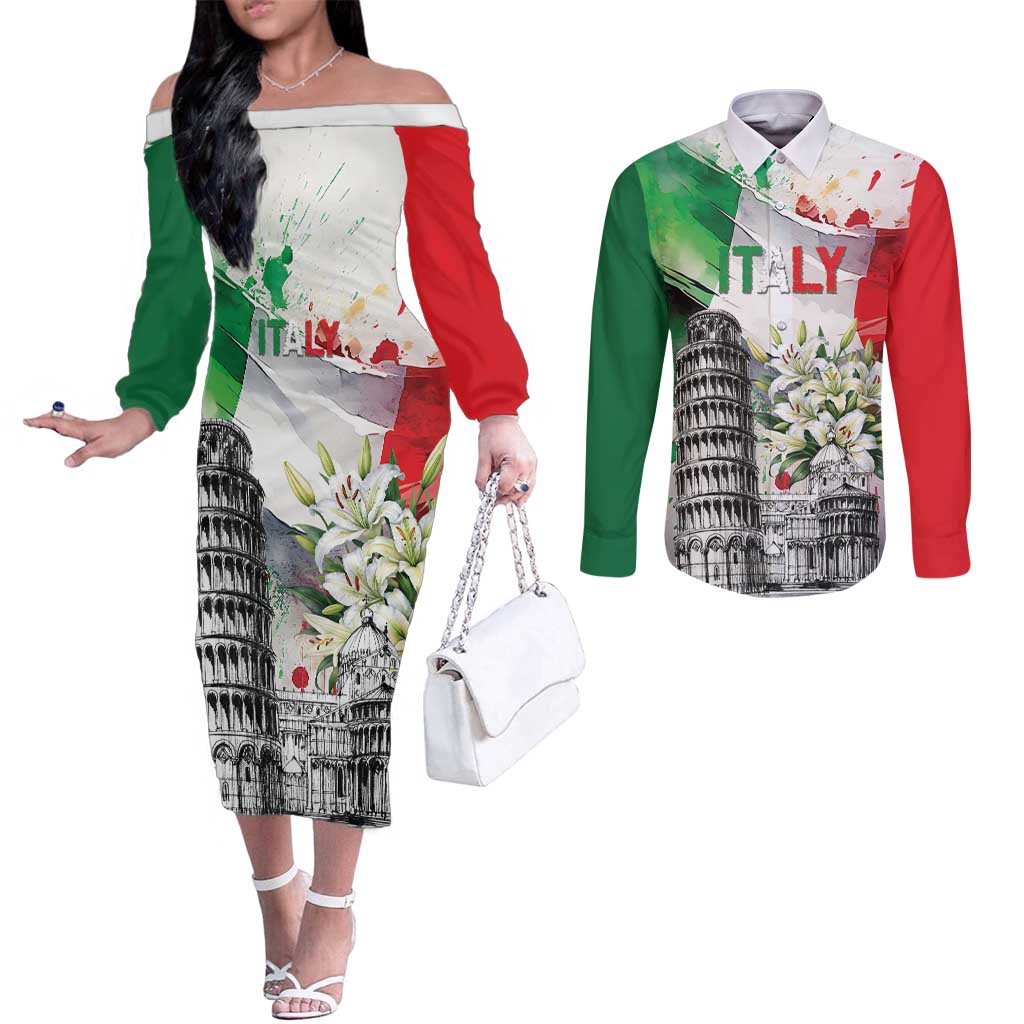 Italy Pisa Tower Couples Matching Off The Shoulder Long Sleeve Dress and Long Sleeve Button Shirt White Lily With Flag Style - Wonder Print Shop