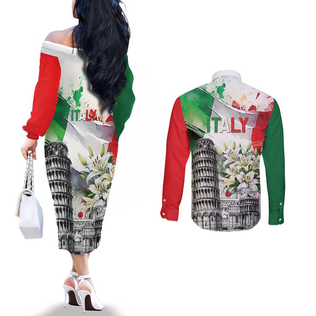 Italy Pisa Tower Couples Matching Off The Shoulder Long Sleeve Dress and Long Sleeve Button Shirt White Lily With Flag Style - Wonder Print Shop